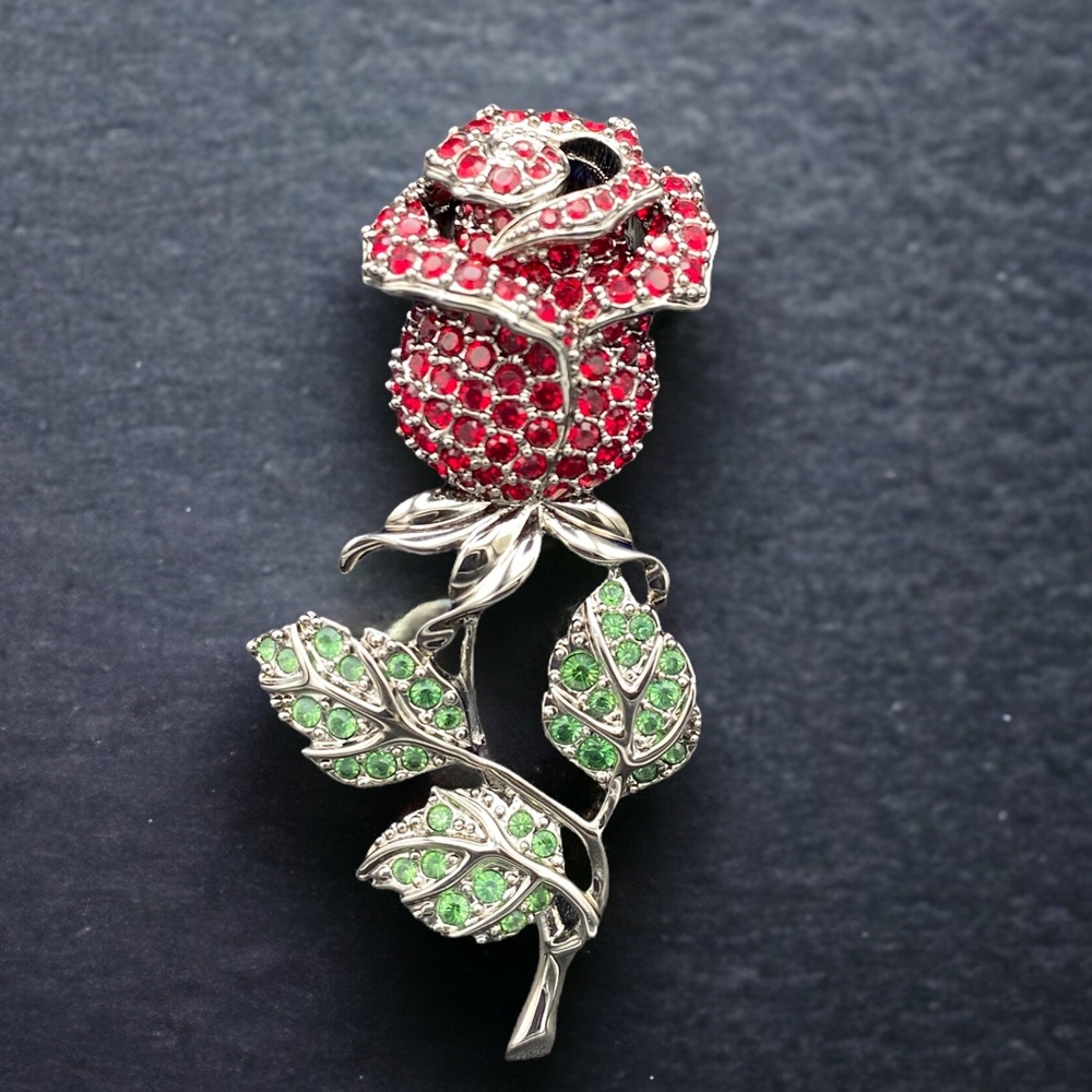 SWAROVSKI SIGNED SWAN AUSTRIAN CRYSTAL RED ROSE BROOCH PIN GUNMETAL